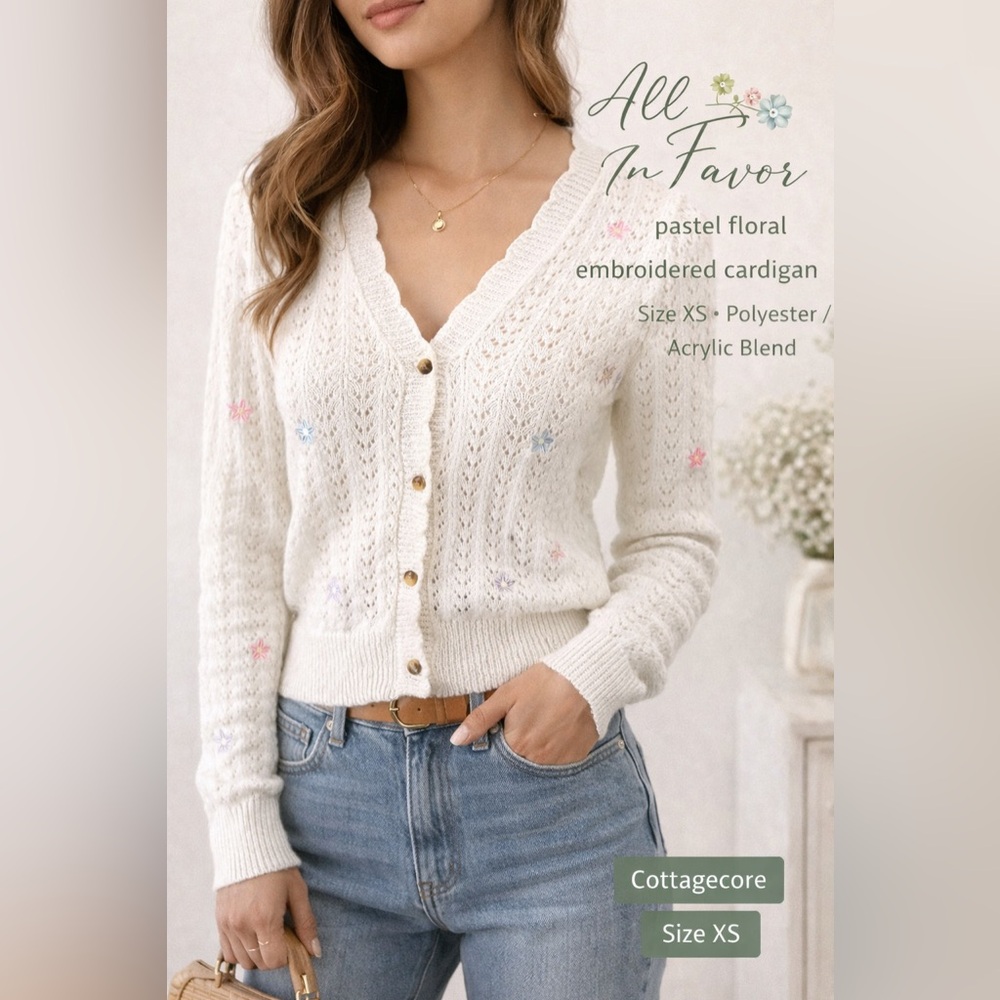 All in Favor Pastel Floral Embroidered Cardigan XS Cottagecore Button Front Knit